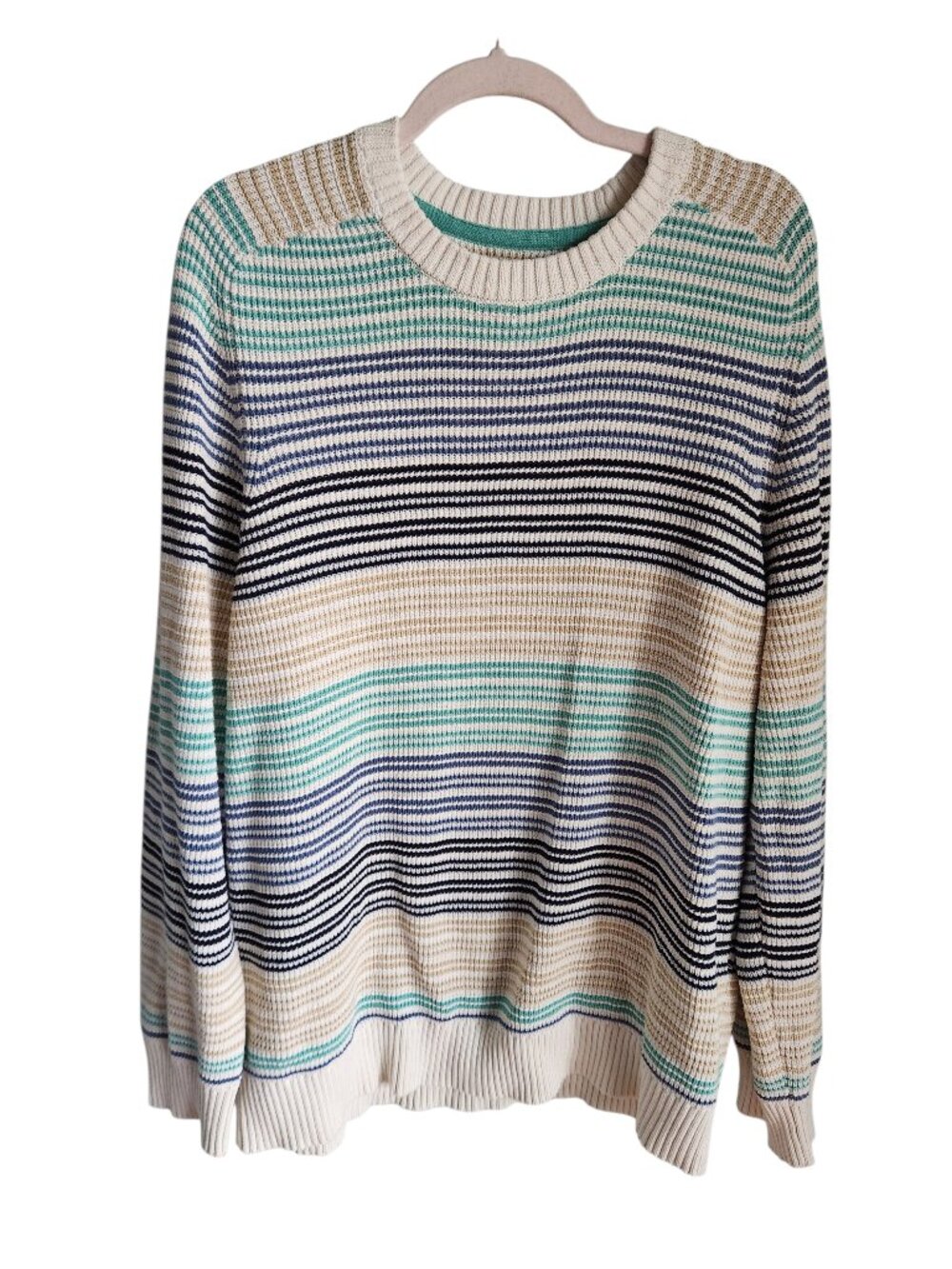 LL Bean Sweater Men's Large Sunwashed Textured Cotton Crewneck Striped NEW